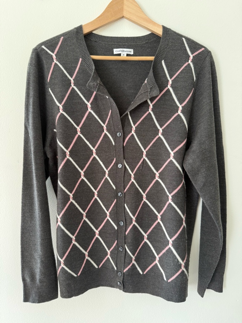 Croft & Barrow Gray Argyle Cardigan Sweater Pink Button-Up Sz M Academia 90s Y2K